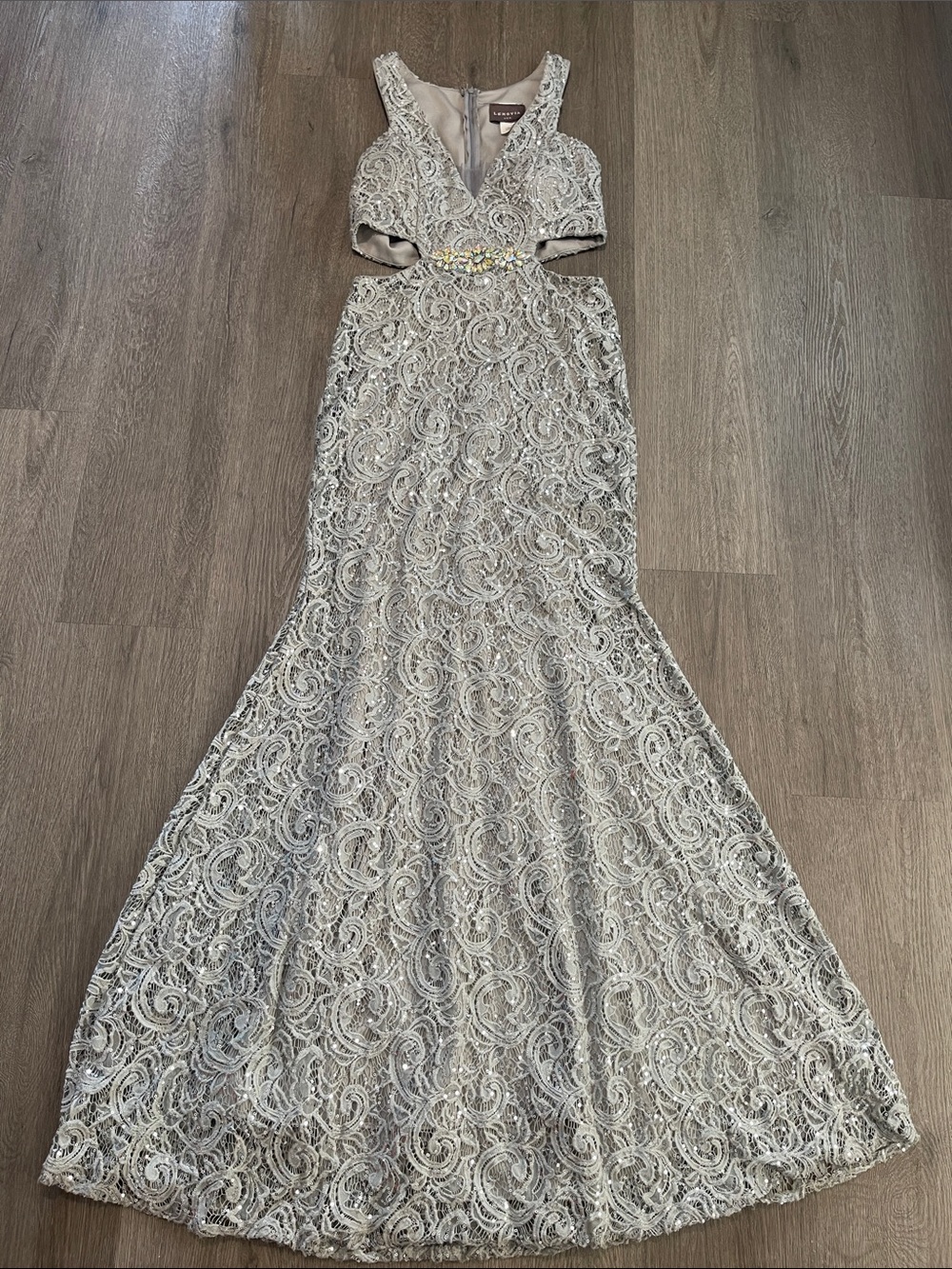 Lenovia Embellished Silver Lace Evening Dress Made In The USA